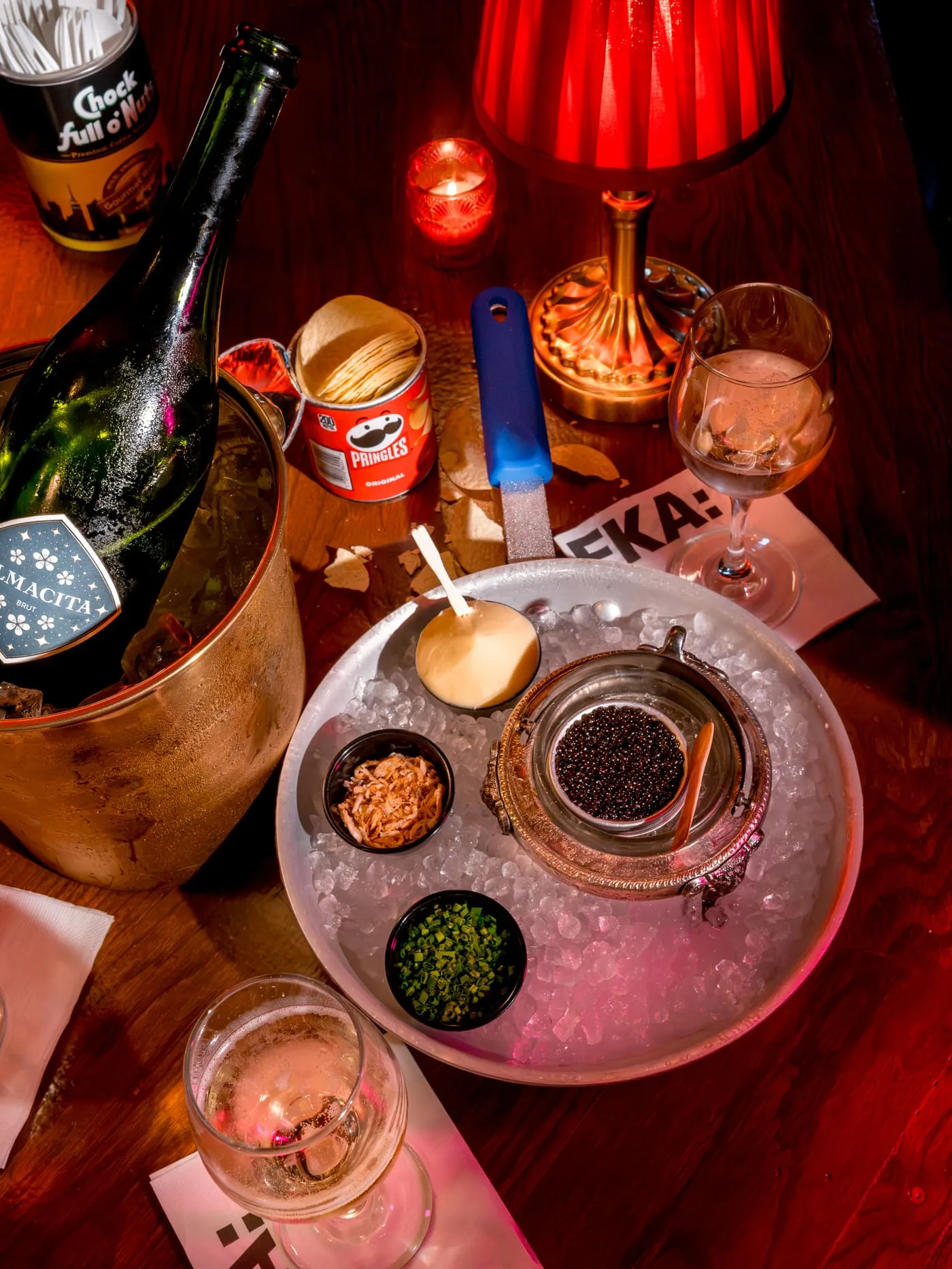 Caviar service with champagne glasses at FKA: Formerly Known As